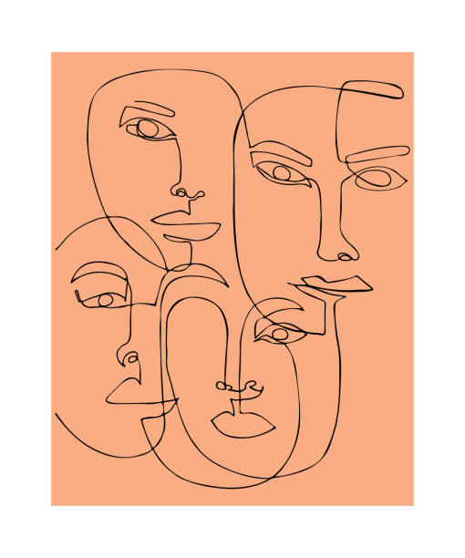 Modern poster with linear abstract faces. Modern poster with linear abstract faces. Continuous line art. One line drawing. Minimalist graphic. eye designs stock illustrations