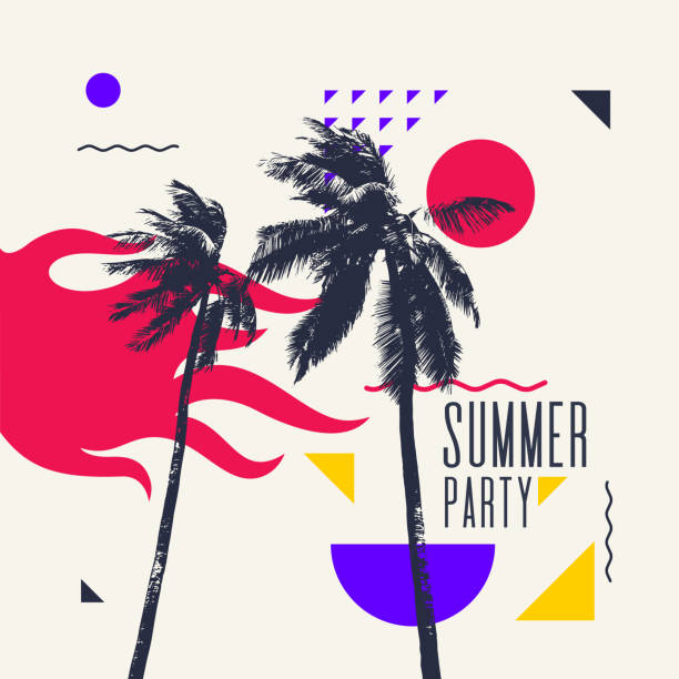 Modern poster with palm tree and geometric graphic Best summer party. Modern poster with palm tree and geometric graphic. Vector illustration. dancing borders stock illustrations