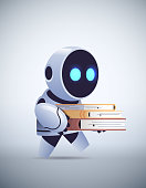 modern robot student holding books online education machine learning knowledge artificial intelligence concept vertical full length vector illustration