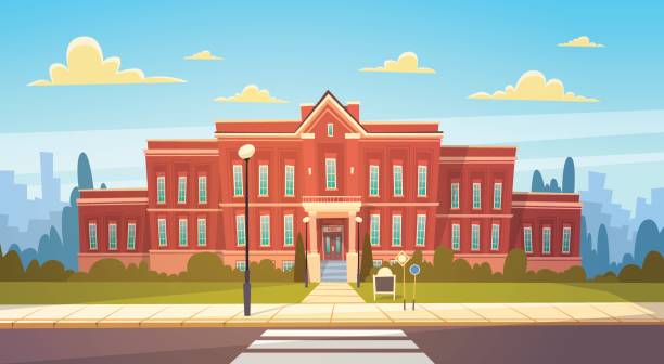 Modern School Building Exterior With Crosswalk Welcome Back To Education Concept Modern School Building Exterior With Crosswalk Welcome Back To Education Concept Flat Vector Illustration school cartoon stock illustrations