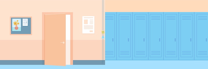 Modern school hall background. Education, learning and study vector illustration. Blue lockers and door to bright classroom. Empty colorful hallway indoor interior design