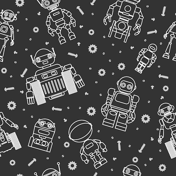 Modern seamless robots and cogwheels flat linear pattern on background. Pattern with various kinds of detailed robots and cogwheels isolated on black background. Vector illustration. robot patterns stock illustrations