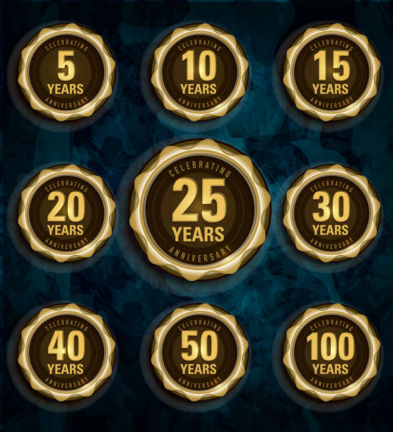 Modern set of golden metallic anniversary celebration laurels Modern set of Anniversary celebration laurels with glossy blue background. 10 11 years stock illustrations
