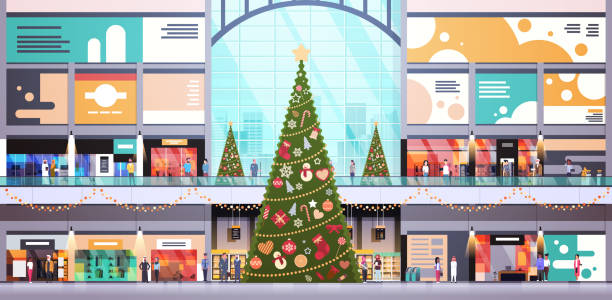 bildbanksillustrationer, clip art samt tecknat material och ikoner med moderna köpcentret center inredda för jul och nyår semester koncept som många människor stor detaljhandel lagra invändig horisontell platt - shopping center