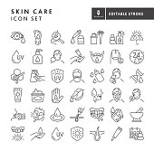Vector illustration of a big set of 42 Business skin and body care concepts thin line style icons. Includes eye irritation, dry feet, acne, essential oil, shaving, spa, uv protection, moisturizers, beard and mustache moisturizer, dry nails, honey, sunscreen, aging treatments, facial, teeth whitening, uv face mask, hair removal, sun protection, on white background with no white box below. Fully editable for easy editing. Simple set that includes vector eps and high resolution jpg in download.