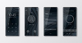 Set of four modern and realistic mobile phones with beautiful UIs and trendy backgrounds isolated on white background (Abstract design with wave shapes in a paper cut style - black, grey). New borderless smartphones. Vector Illustration (EPS10, well layered and grouped). Easy to edit, manipulate, resize or colorize. Please do not hesitate to contact me if you have any questions, or need to customise the illustration. http://www.istockphoto.com/portfolio/bgblue/