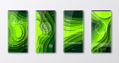 Set of four modern and realistic mobile phones with beautiful UIs and trendy backgrounds isolated on white background (Abstract design with wave shapes in a paper cut style - green). New borderless smartphones. Vector Illustration (EPS10, well layered and grouped). Easy to edit, manipulate, resize or colorize. Please do not hesitate to contact me if you have any questions, or need to customise the illustration. http://www.istockphoto.com/portfolio/bgblue/
