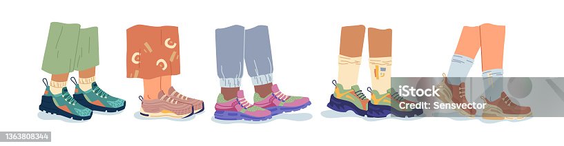 istock Modern sneakers and joggers, sportive models of shoes for teenagers and hipsters. Fashionable clothes for apparel, legs and footwear. Textile and rubber material, shop or store. Vector in flat style 1363808344