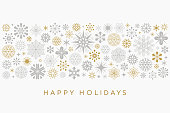 Modern abstract snowflake border with greetings. Christmas card with modern snowflakes. Scandinavian style Holiday background with stylized snowflakes.