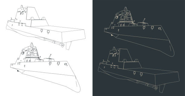 Modern stealth warship sketches Stylized vector illustrations of modern stealth warship sketches destroyer stock illustrations