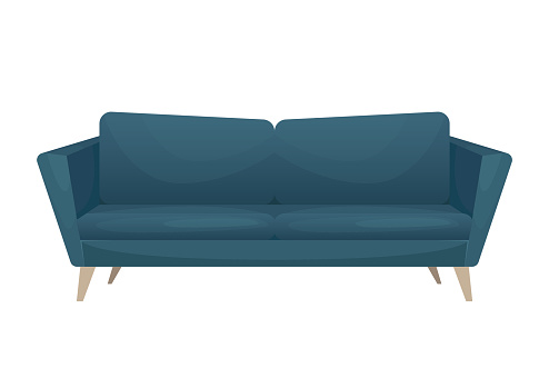 Modern stylish blue sofa with wooden legs.