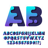 Modern stylized liquid alphabet font. Trendy vector typeface with gradient. Great font for logotypes or headlines. Capital letters and numbers.
