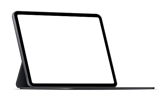 Modern tablet computer stand with blank screen isolated on white background - side view. Vector illustration