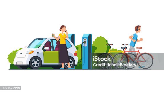 istock Modern technology environment care concept. Sporty man jogging. Smiling woman charging electric car at recharging power station charger. Bikes standing on bicycle parking. Flat isolated vector 1021822994