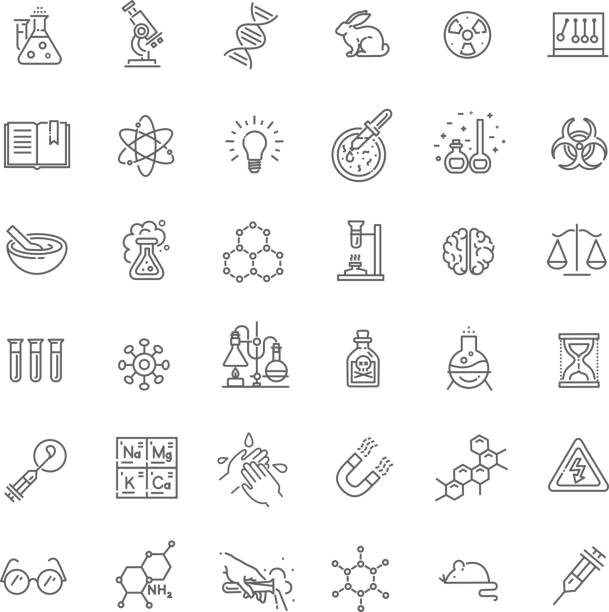 Modern thin line icons set of biochemistry research Modern thin line icons set of biochemistry research, biology laboratory experiment science icons stock illustrations