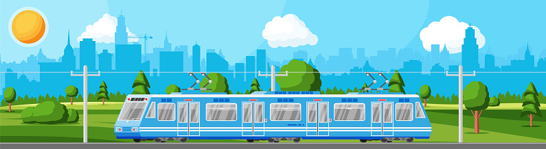 Modern Tram Train Passenger Streetcar Cityscape.