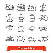 Modern transportation and urban infrastructure set. Road, rail, water city and space transportation. Thin line art icons. Linear style illustrations isolated on white.