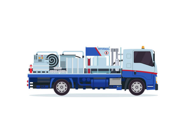 Modern Underground Tank Truck Refueler Airport Ground Support Vehicle Equipment Illustration Modern Airport Ground Support Vehicle Equipment Illustration, Suitable For Icon, Book Illustration, Infographic, Game Asset, Graphic Print, And Other Related Purpose petrol bowser icon stock illustrations