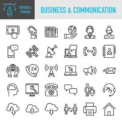 Modern Universal Business & Communication Line Icon Set - Thin line vector icon set. 30 linear icon. Pixel perfect. Editable stroke. For Mobile and Web. The set contains icons: Technology, Cloud Computing, Assistance, Call Center, Business Person, Communication, Advertisement, innovation