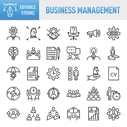 Modern Universal Business Management Line Icon Set - Thin line vector icon set. 30 linear icon. Pixel perfect. Editable stroke. For Mobile and Web. The set contains icons: Business, Strategy, Management, Goal, Target, Leadership, Teamwork, Work Group, Human Resources, Recruitment, Career, Business Person, Group Of People, Teamwork, Skill, vision, innovation