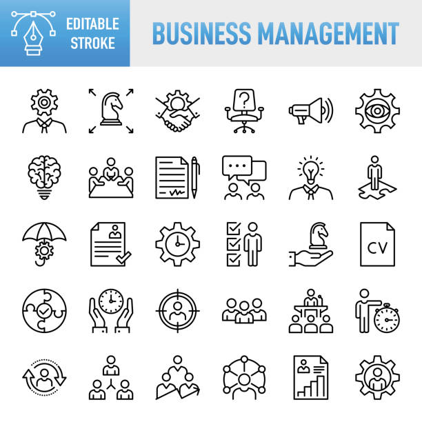 Modern Universal Business Management Line Icon Set - Thin line vector icon set. Pixel perfect. Editable stroke. For Mobile and Web. The set contains icons: Business, Strategy, Management, Goal, Target, Leadership, Teamwork, Work Group, Human Modern Universal Business Management Line Icon Set - Thin line vector icon set. 30 linear icon. Pixel perfect. Editable stroke. For Mobile and Web. The set contains icons: Business, Strategy, Management, Goal, Target, Leadership, Teamwork, Work Group, Human Resources, Recruitment, Career, Business Person, Group Of People, Teamwork, Skill, vision, innovation icon set stock illustrations