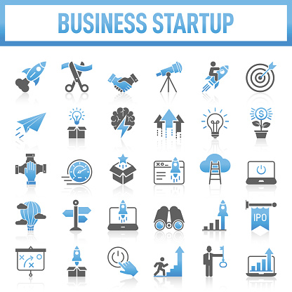 Business Startup Flat Icon Set. Set of vector creativity icons. 64x64 Pixel Perfect. For Mobile and Web. Idea generation preparation inspiration influence originality, concentration challenge launch. Contains such icons as Handshake, Target, Goal, Agreement, Inspiration, Startup, Rocket.