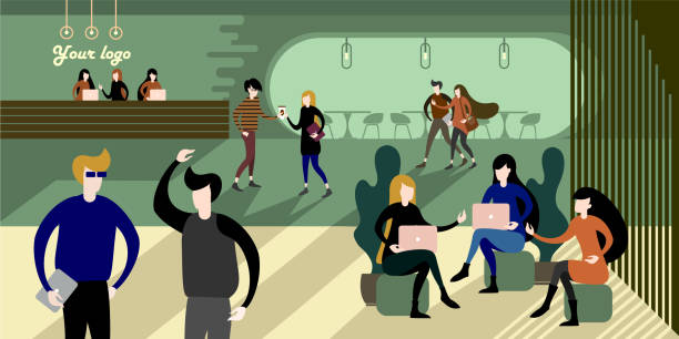 ilustrações de stock, clip art, desenhos animados e ícones de modern urban eco green office interior - airport lounge business