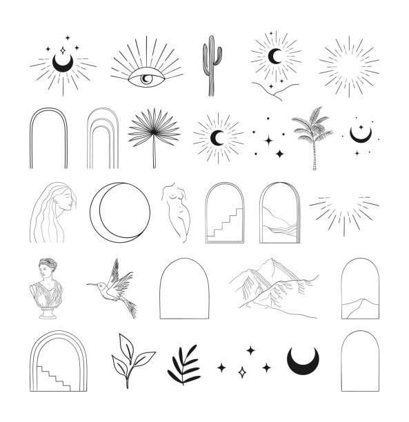 Modern vector abstract line art designs elements Collection of black vector abstract modern arch esoteric line drawing design elements, decorative illustrations and icons for various occasions and purposes. Trendy line art style cactus borders stock illustrations