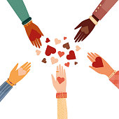 Modern vector illustration of charity and donation. Hands with a heart symbol. for social activity. International people give hearts and love