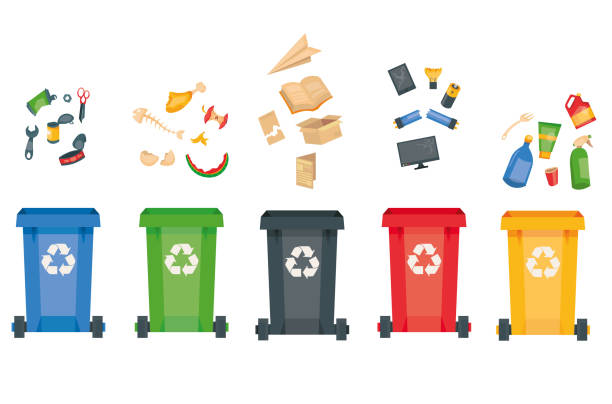 stockillustraties, clipart, cartoons en iconen met moderne vectorillustratie van gekleurde afvalcontainers voor het afzonderlijk sorteren van afval. bak voor recycling van verschillende soorten afval. plastic, metaal, papier, biologisch, elektrisch. geïsoleerd op wit - waste disposal