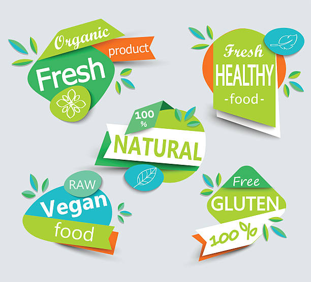 ilustrações de stock, clip art, desenhos animados e ícones de vetor moderno conjunto de rótulos de alimentos orgânicos saudáveis. - natural food web