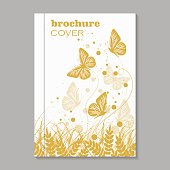 Modern vector template for brochure cover in A4 size. Beautiful natural background with yellow grass, circles and flying butterflies.