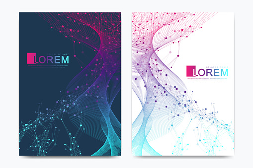 Modern vector template for brochure, leaflet, flyer, cover, banner, catalog, magazine, or annual report in A4 size. DNA helix, DNA strand, molecule or atom, neurons. Wave flow. Lines plexus