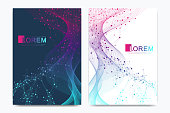 Modern vector template for brochure leaflet flyer cover banner catalog magazine or annual report in A4 size. DNA helix, DNA strand, molecule or atom, neurons. Wave flow. Lines plexus.