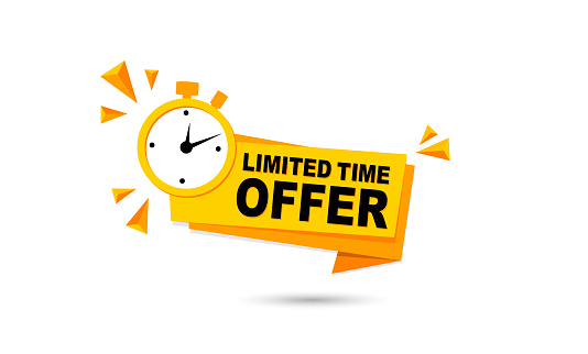 Modern vector yellow banner ribbon limited time offer with clock
