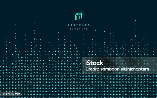 istock Modern vertical blue, green glow color pixel banner. Abstract digital data technology square green pattern on black color background. Minimal flat template design. Vector illustration 1319389799