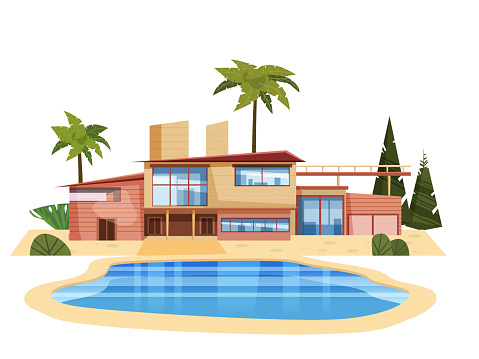 Modern villa on residence, expensive mansion palm trees. Luxury cottage house exterior blue swimming pool. Cartoon vector illustration