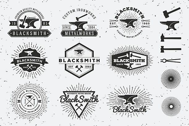 Modern Vintage Blacksmith and Metalworks Badge Logo Modern Vintage Blacksmith and Metalworks Badge Logo Template Design with anvil, hammer, starburst. Vector illustration blacksmith stock illustrations