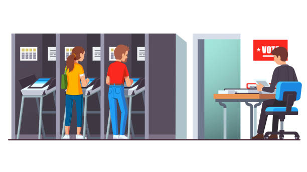 Modern voting station room interior. People, man and women voter characters making political choice using electronic balloting machine. Politician election process. Flat style isolated vector People voting at modern voting station standing in booth making choice using modern automated counting machine. Balloting watcher working at desk.  Flat style vector isolated illustration voting clipart stock illustrations