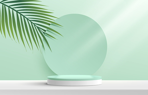 Modern white, green cylinder pedestal podium. Green pastel circle backdrop with green coconut leaf. Abstract vector rendering 3d shape product display presentation. Minimal wall scene. Summer concept.