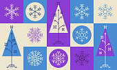 Modern holiday tree and snowflake line drawing purple and blue background texture pattern abstract design.