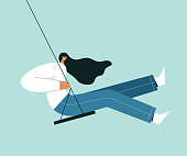 Modern woman sitting on a swing. Cartoon female character with blowing hair in the wind, and swinging. Flat vector illustration. Use in web project and applications.
