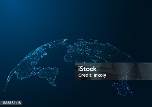istock Modern world map made of lines and dots on dark blue background. 1335852418