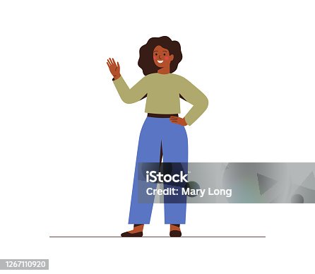 istock Modern young dark skin businesswoman is waving hand. 1267110920
