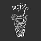Mojito classic cocktail hand drawn vector illustration. Lemonade glass with ice and a slice of lime and a straw and mint leaves, for cocktail cards. Homemade mojito lettering, isolated illustration.