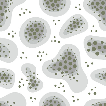 Mold spots on a white background. Vector seamless pattern. Humidity in the bathroom. Toxicity of mold spores, health hazard. Means of combating dangerous fungi and bacteria. Flat illustration.