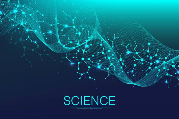 Molecular structure background. Science template wallpaper or banner with a DNA molecules. Asbtract scientific molecule background. Wave flow, innovation pattern. Vector illustration. Molecular structure background. Science template wallpaper or banner with a DNA molecules. Asbtract scientific molecule background. Wave flow, innovation pattern. Vector illustration biotechnology stock illustrations