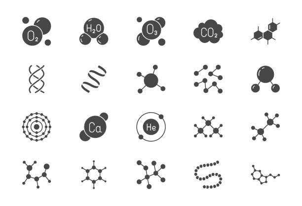 Molecule flat glyph icons. Vector illustration included icon amino acid, peptide, hormone, protein, collagen, ozone, O2 chemical formula silhouette pictogram for chemistry Molecule flat glyph icons. Vector illustration included icon amino acid, peptide, hormone, protein, collagen, ozone, O2 chemical formula silhouette pictogram for chemistry. amino acid stock illustrations