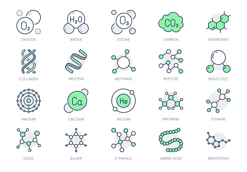 Molecule line icons. Vector illustration included icon amino acid, peptide, hormone, protein, collagen, ozone, O2 chemical formula outline pictogram for chemistry. Green Color Editable Stroke.