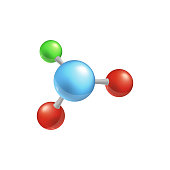 Molecule structure with four colorful balls. 3d atom particles connected into chain for chemistry and biology research presentation or science icon.